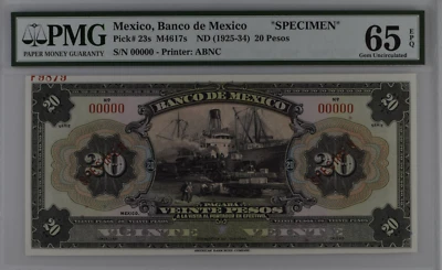 Mexico Banco de Mexico ND (1925-34) 20 Pesos PMG Gem UNC 65 EPQ Pick: 23s M4617s - Image 1 of 2