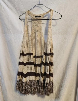 Colete feminino mamão marrom e marrom Chevron malha crochê franja boho médio - Imagem 1 de 4
