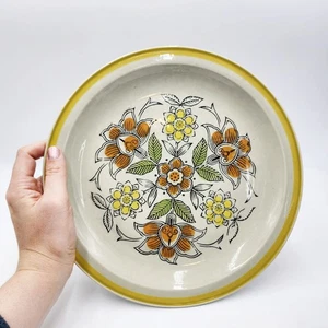 Vintage 70s Quasar Stoneware MCM Flowers Orange Brow Flowers Retro Round Platter - Picture 1 of 6