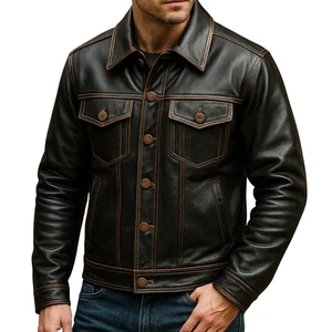 Men’s Black Genuine Leather Trucker Jacket – Vintage Style Button Up Biker Coat - Picture 1 of 5