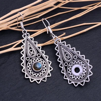 Pendiente de joyería de regalo de plata de ley 925 con piedras preciosas de labradorita 2,30" c773 Foto 1 de 3