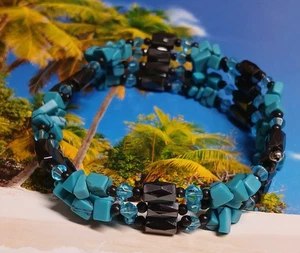 Magnetic Therapy Hematitie andFaux Turquoise Chip Bead Wrap Necklace/Bracelet - Picture 1 of 5
