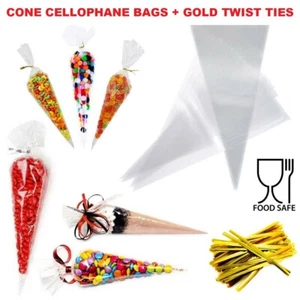 Cellophane Cone Sweet Bags Clear Plastic Cello Small Large Party Gift Twist Ties - Picture 1 of 36