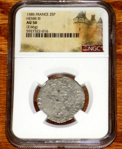 Henri III  1585 Billon Double Sol Parisis 25P Medieval France NGC AU 50 Coin - Picture 1 of 5