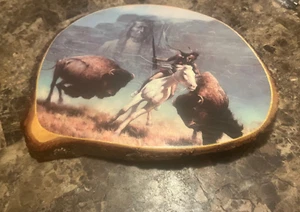 Vintage Native American Buffalo Hunt Wall Art on Wood Plaque Yellowstone Park - Picture 1 of 3