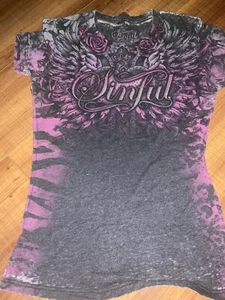 Vintage Sinful Affliction Women’s Baby Tshirt Tee Purple Xl Rose Cross Heart - Picture 1 of 3