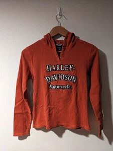Vintage Y2K Harley Davidson Motorcycle Woman's Medium Henley Thermal Hoodie - Picture 1 of 4