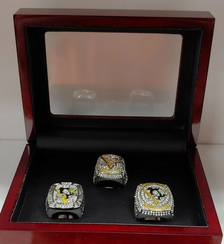 Sidney Crosby - Pittsburgh Penguins Stanley Cup 3 Ring Set W Wooden Display Box Cover