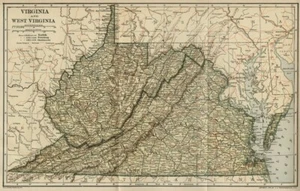 Mapa genuino de Virginia y Virginia Occidental de 1907: condados ciudades topografía ferrocarriles - Imagen 1 de 2