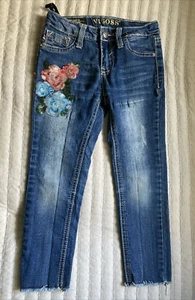 Vigoss Brand Austin Ankle Skinny Blue Denim Jeans Flower Embroidery Girls Size 5 - Picture 1 of 24