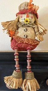 Scarecrow Shelf Sitter Fall Leaves Straw Hat Wooden Button Legs 15” - Picture 1 of 4