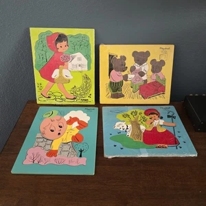 4 Playskool Vintage Wooden Puzzles Red Riding Bo Peep Humpty 3 Bears Nursery - Picture 1 of 5