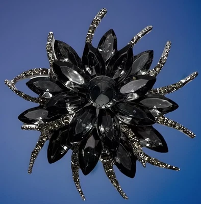 Smokey Flower Round Marquise Rhinestone Pendant Brooch Pin Silver Tone - Image 1 of 4