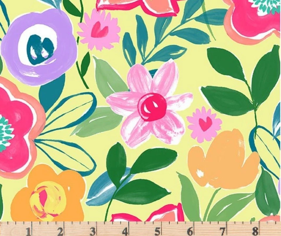 Tela de algodón colorida cabaña amarilla brillante flores DCX9947-YELL por media yarda Foto 1 de 1