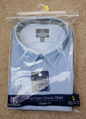Mens George Blue Stripe Button Up Shirt Stretch Collar Wrinkle Resistant Large L - Image 1 of 4