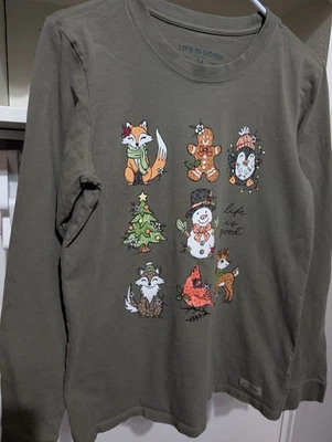 Life Is Good T-Shirt Wildlife Christmas Graphic Women's Sz M Olive Green LS - Image 1 of 4