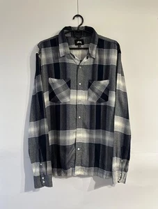 Stussy Plaid Rayon Men White & Blue Long Sleeve Shirt Button Up Size M - Picture 1 of 9