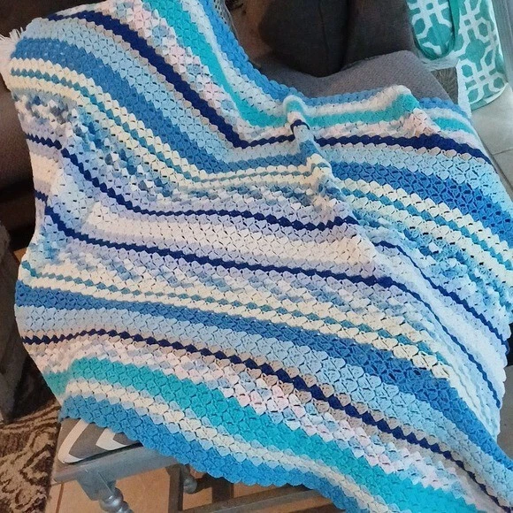 Afghan hand-knitted blanket shades of blue so pretty 40x60 - Image 1 of 4