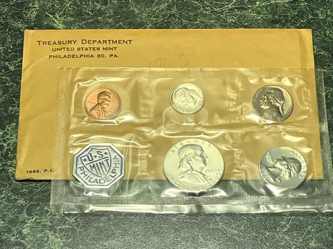 Vintage  Ben Franklin 1963P  US Mint Silver Proof Set  90% Silver Coin Set Cover