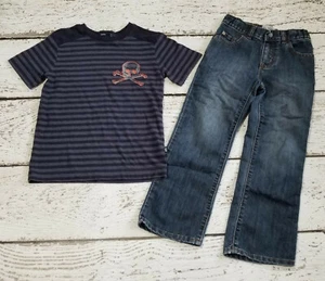 GAP KIDS 6-7 Boys Navy Blue Striped Skull Tee and Jeans 6 7 EUC - Picture 1 of 5