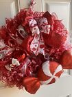Christmas Peppermint Candy Red & ?White Handmade Wreath Indoor Outdoor Deco Mesh