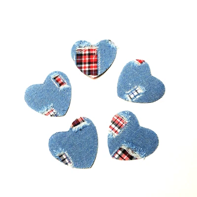 5x Denim & Red Plaid Mini Heart Patch Iron-On/Sew-On Motif Applique, Patchwork - Image 1 of 2
