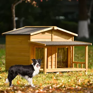 47.2" Wood Dog House with 2 Doors&Porch - Raised Floor Kennel with Asphalt Roof - Picture 1 of 10
