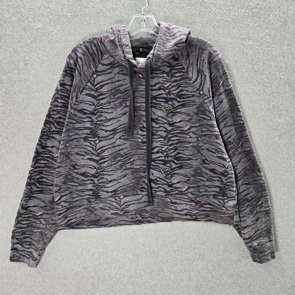 Sudadera AllSaints Mujer Gris Medio Estampado Cebra Sudadera con Capucha Cordón Pullover Foto 1 de 4