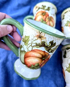 PIER 1 IMPORTS "HARVEST GARDEN" CRACKLE Autumn PUMPKINS PEDESTAL 5" Coffee MUG - Picture 1 of 4