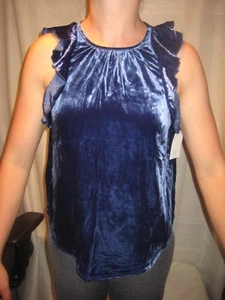 Gap Deep Cobalt Ruffle Sleeveless Velvet Top Silk Blend XS 865314 Retail $69  - Picture 1 of 10