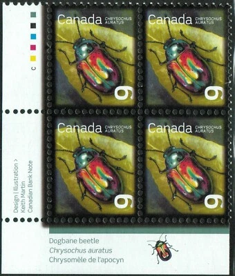 Canada sc#2410 Beneficial Insects: Dogbane Beetle, LL Imprint Block, Mint-NH - Image 1 of 2