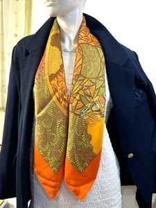 VTG HERMES ART STEPPES (detail) Carre 90 Silk 100% Scarf Orange #m4924 - Picture 1 of 11