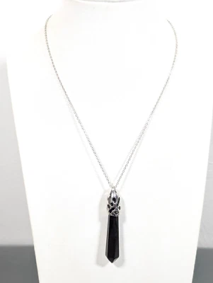 Boho Tribal Black Glass Crystal Style Pendant Silver Tone Necklace 16 in - Image 1 of 4