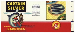 Captain Silver Brand, Monterey, CA **AN ORIGINAL 1950s TIN CAN LABEL** Sardines - Picture 1 of 1
