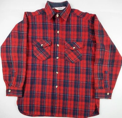复古 70 年代羊毛法兰绒衬衫男式大号红色格子呢羊毛混纺美国制造 — 第 1/4 张图片