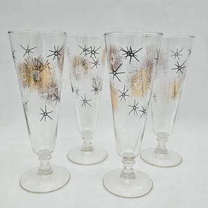 Vintage Federal Glass Starburst Clear with Black & Gold Pilsner Glasses 4 Set - Picture 1 of 13