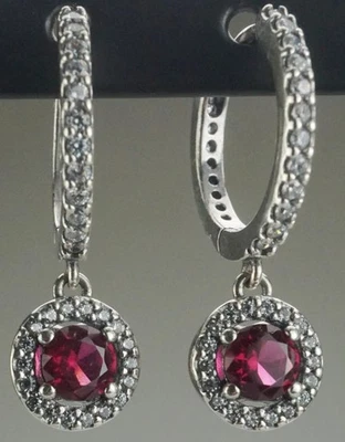 Pair of Pandora Sterling Silver Red Round Sparkling Hoop Earrings Zirconia TV767 - Image 1 of 3
