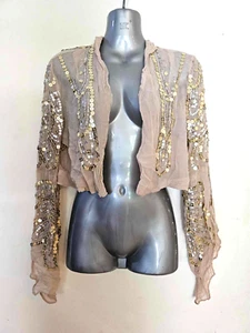 FOLEY & CORINNA Sheer Silk Nude Beige Sequined Jacket Cardigan Cardi Throwover S - Picture 1 of 2