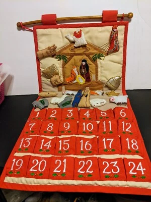 Nativity Advent Fabric Calendar Animal Pieces 25 x 13" Red And Green  - Image 1 of 4