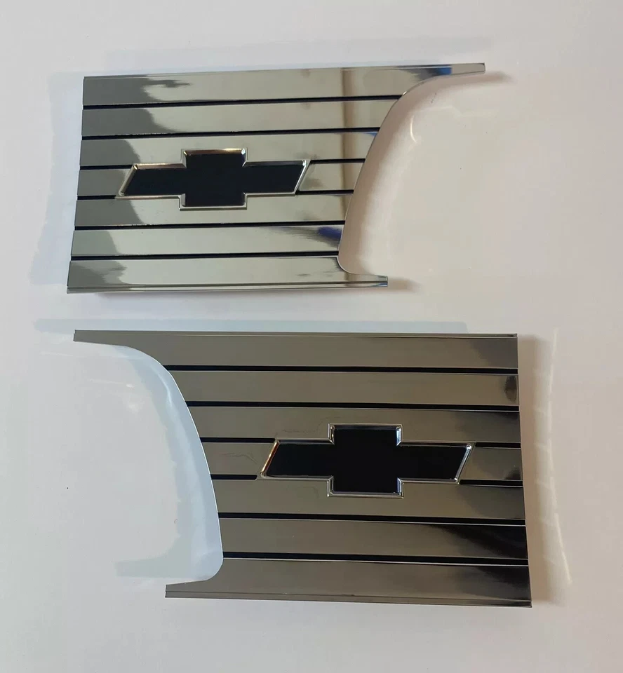 NEW 1957-1958 CHEVY CAMEO TRUCK FRONT BED BOWTIE PLATES SAIL PLATES CHROME - Image 1 of 4