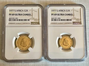 South Africa 1977 Rand & 2 Rand 2pc Gold NGC PF69 ULTRA CAMEO Set Sku# 6114 - Picture 1 of 6