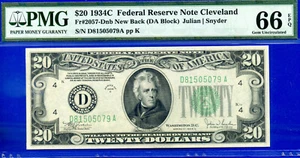 Billete de 20 dólares de la Reserva Federal 1934C PMG 66EPQ segundo mejor calificado nuevo reverso Fr 2057-Dnb - Imagen 1 de 4