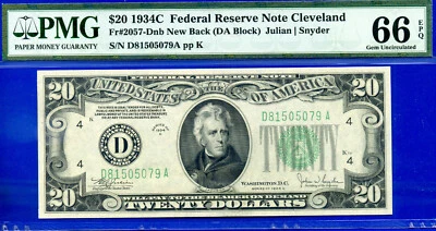 1934C $20 Federal Reserve Note PMG 66EPQ 2nd highest graded New Back Fr 2057-Dnb - Image 1 of 4