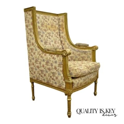Antique French Louis XVI Victorian Gold Gilt Wood Wing Back Bergere Arm Chair - Image 1 of 4