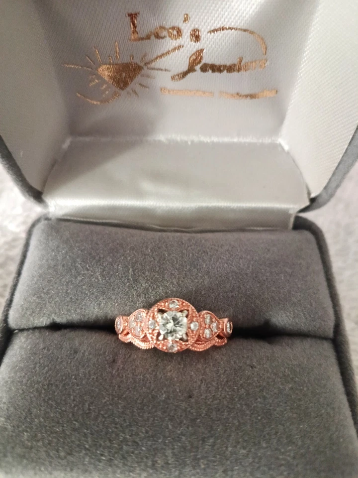 14K Rose Gold Diamond Coral Ring 1960 .60 Carat Size 6.5 - Image 1 of 4