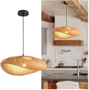 Boho Bamboo Pendant Light, 19.7in Farmhouse Hand-Woven Rattan Chandelier #R08 - Picture 1 of 5