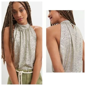 Neu mit Etikett Anthropologie goldschimmerndes hochgeschlossenes Neckholder-Top Zebramuster Größe Medium - Bild 1 von 7
