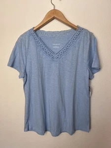 NUEVO CON ETIQUETAS Camiseta Top Talbots Algodón Crochet Cuello en V Manga Corta Talla Grande Azul - Imagen 1 de 7