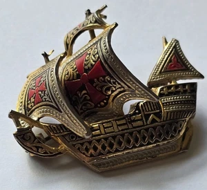 Vintage Enamel Spanish Damascene Galion Sail Ship Brooch Pin ~ Made in Spain - Picture 1 of 7