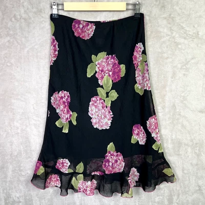 Falda midi vintage CLIO M negra con estampado floral de hortensia dobladillo con volantes Y2K romántica Foto 1 de 4